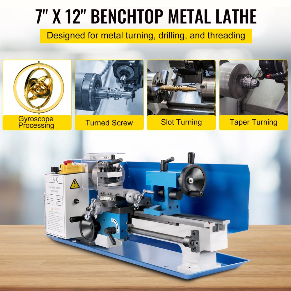 VEVOR 7x12 Inch Luxury Version Metal Lathe 550W Precision Bench Top Mini Metal Milling Lathe Variable Speed 50-2500 RPM Nylon Gear with A Movable Lamp (7x12 inch)