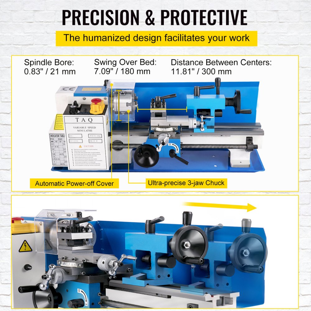 VEVOR 7x12 Inch Luxury Version Metal Lathe 550W Precision Bench Top Mini Metal Milling Lathe Variable Speed 50-2500 RPM Nylon Gear with A Movable Lamp (7x12 inch)