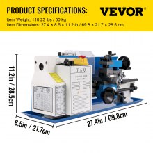 VEVOR 7x12 Inch Luxury Version Metal Lathe 550W Precision Bench Top Mini Metal Milling Lathe Variable Speed 50-2500 RPM Nylon Gear with A Movable Lamp (7x12 inch)