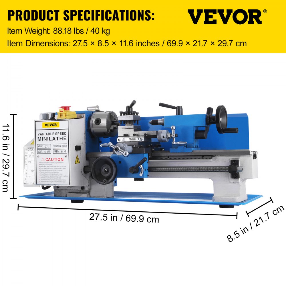 Torno de metal VEVOR de 7 x 12 pulgadas, mini torno de metal de 50 a 2500 RPM de velocidad variable, mini torno con mandril de 3 mordazas, mini torno de metal de banco de 550 W, torno de banco para varios tipos de torneado de metal