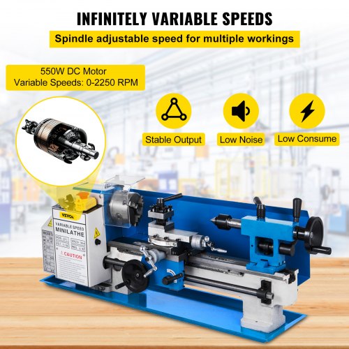 VEVOR 550W Mini Metal Lathe 7x12 Inch Metal Lathe, 50-2500PRM Infinitely Variable Speeds MT3 Spindle Taper, with A Movable Lamp 9 Cutters for Various Types of Metal Wood Turning