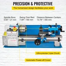 VEVOR Metal Lathe 7x14inch Precision Bench Top Mini Metal Lathe 550W Precision Metal Lathe Variable Speed 50-2500 RPM Nylon Gear with A Movable Lamp
