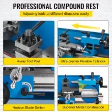 VEVOR Metal Lathe 7x14inch Precision Bench Top Mini Metal Lathe 550W Precision Metal Lathe Variable Speed 50-2500 RPM Nylon Gear with A Movable Lamp