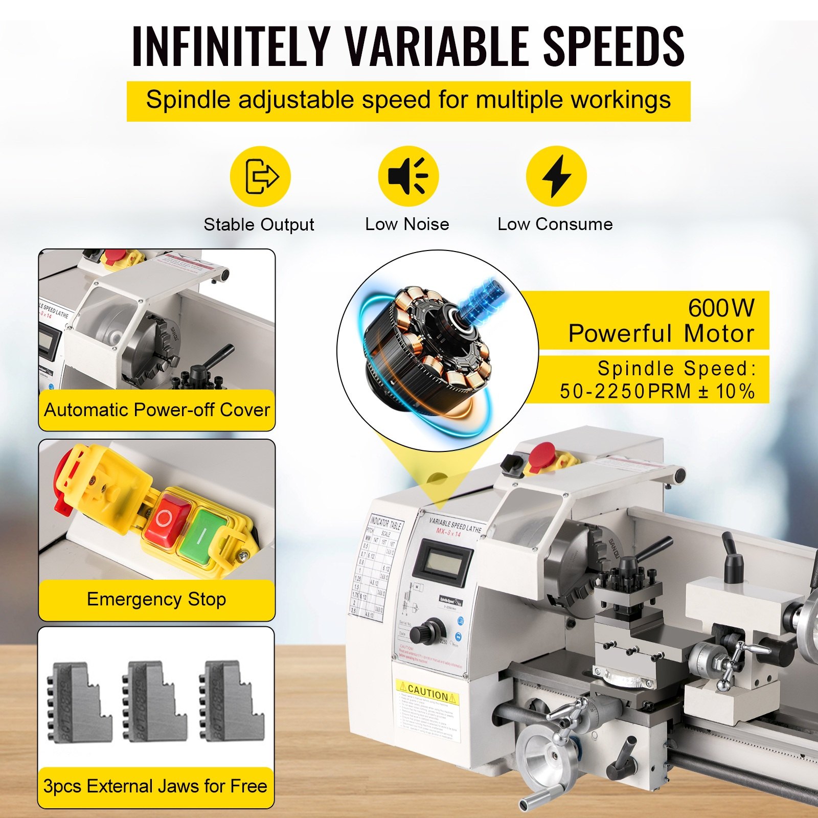 VEVOR Mini Metal Lathe 8x14inch, Metal Lathe Machine 2250PRM Variable Speed Change Precision Mini Lathe 600W Metal Working Lathe, Small Metal Lathe, Milling Machine for Various Types of Metal Turning