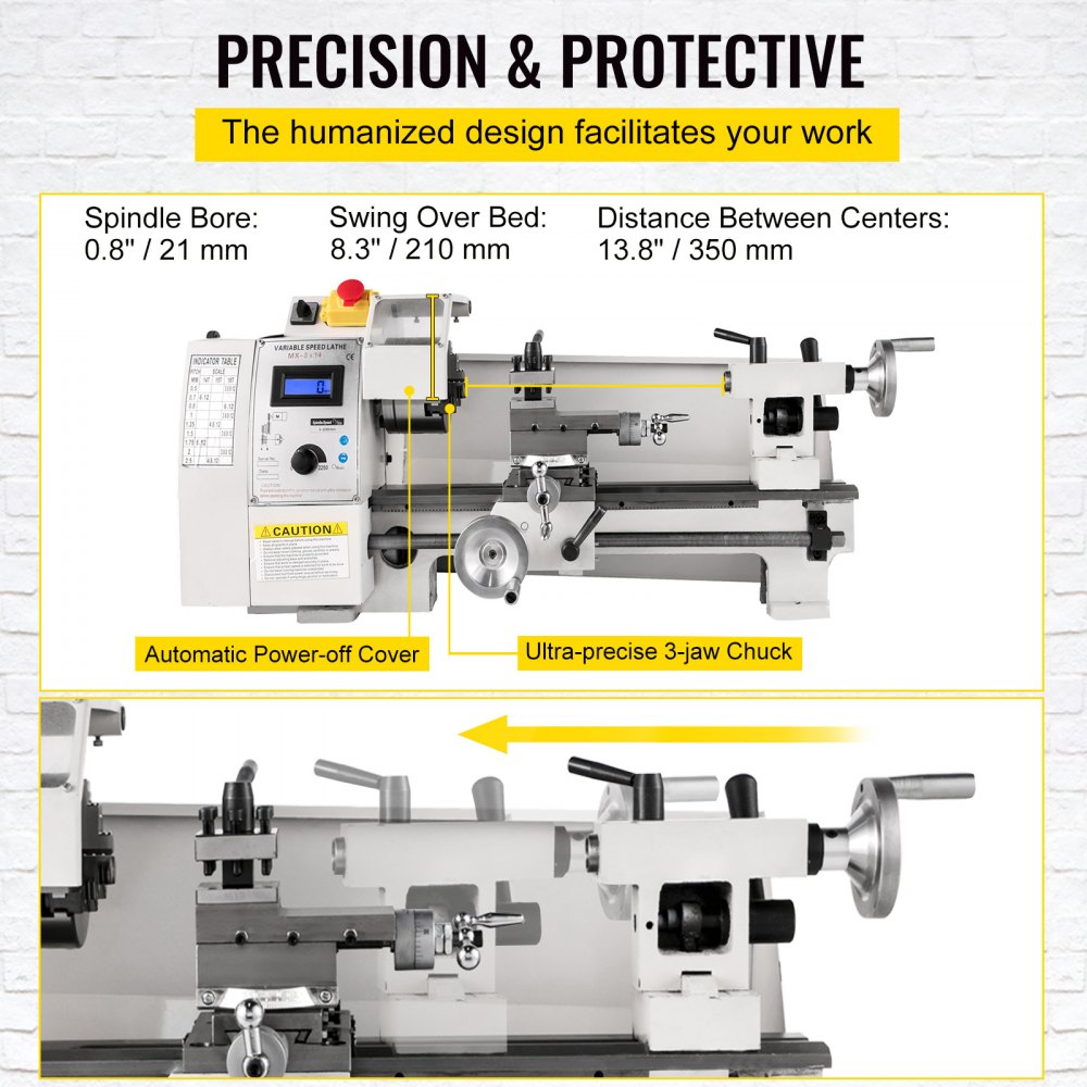 VEVOR Mini Metal Lathe 8x14, Mini Lathe Machine 2250 PRM Variable Speed Change,Precision Mini Lathe 650W Metal Working Lathe, Small Metal Lathe, Milling Machine for Various Types of Metal Turning