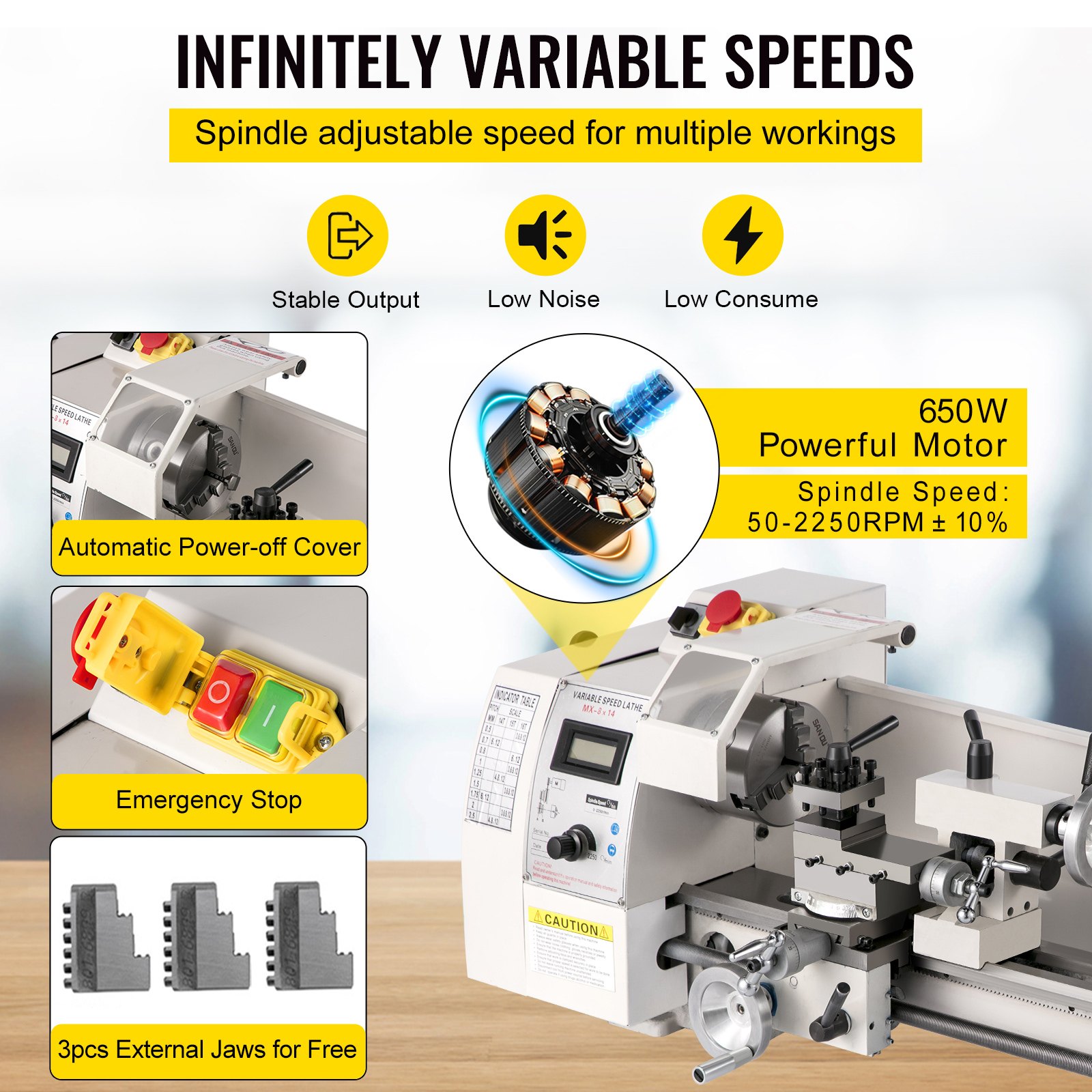 VEVOR Compact Metal Lathe, 8"x14", Adjustable Speed 2250 RPM, 650W Power, Precision Engineering Lathe for Metalworking, Ideal for Crafting Different Metals