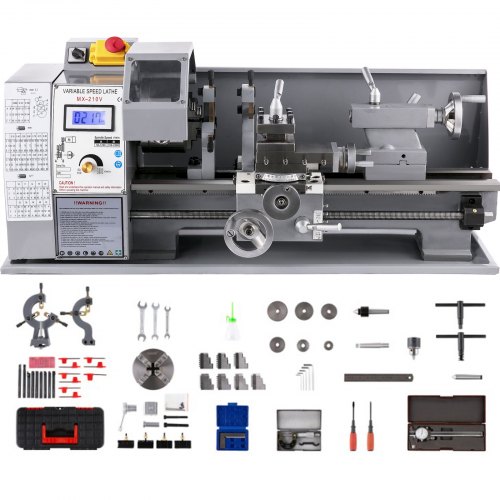 VEVOR Updated 750W Mini Metal Lathe 8x16 Inch Metal Lathe with Luxury Accessory Box, 50-2500PRM Infinitely Variable Speeds MT3 Spindle Taper Metal Lathe Machine with Movable Lamp 4-jaw Chuck 9 Cutters
