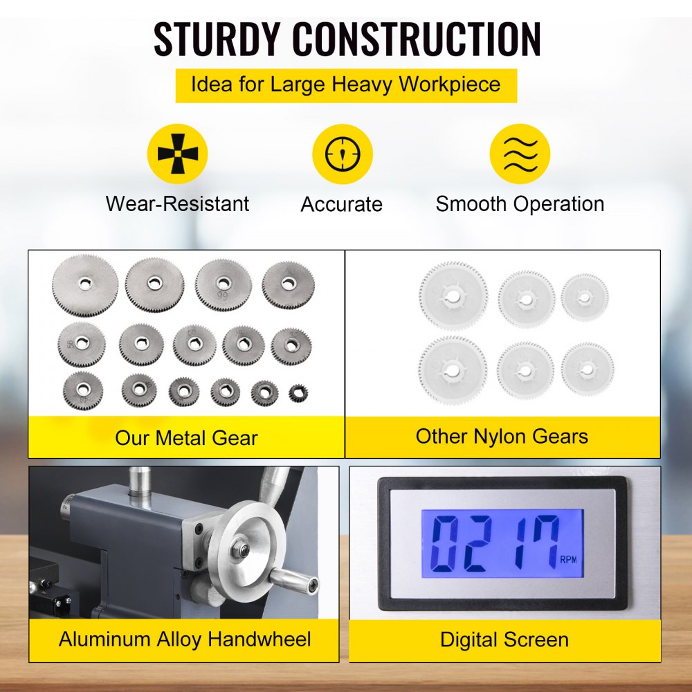 VEVOR Benchtop Mini Metal Lathe 8"x16" Digital Display Variable Speed w/ Chucks