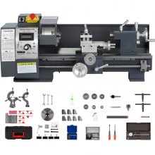VEVOR Updated 750W Mini Metal Lathe 8x16 Inch Metal Lathe with Luxury Accessory Box, 50-2500PRM Infinitely Variable Speeds MT3 Spindle Taper Metal Lathe Machine with Movable Lamp 4-jaw Chuck 9 Cutters