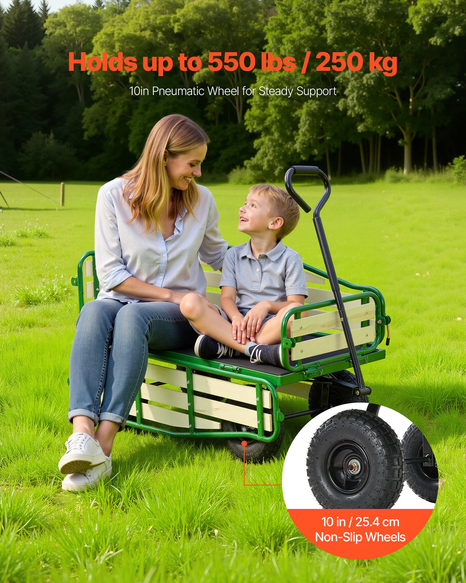 VEVOR Pull-Along Wagon for Kids, 39 in Toddler Wagons with Foldable Wooden Panel & Handle, Supports up to 551 lbs, 10" All-Terrain Tires, Utility Wagon Cart Birthday Present for Kids Gardening Beach