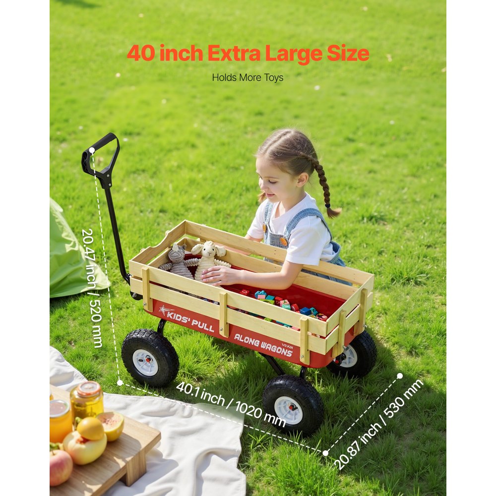 VEVOR Pull-Along Wagon for Kids, 101cm Toddler Wagons with Wooden Panels & Handle, Supports up to 150kg, All-Terrain Utility Wagon Cart Birthday Present for Kids Gardening Beach, Red