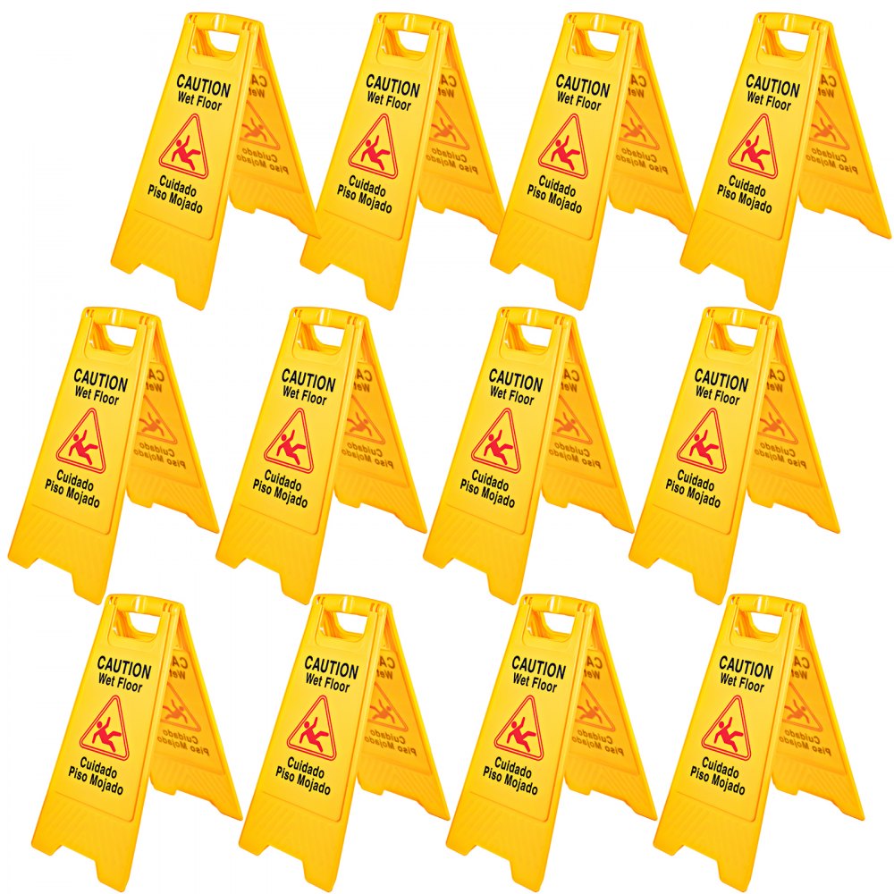 VEVOR Paquete de 12 letreros de precaución para piso mojado, letrero amarillo de 25 pulgadas para piso mojado, conos de piso mojado de doble cara, tablero de plástico bilingüe plegable para interiores y exteriores