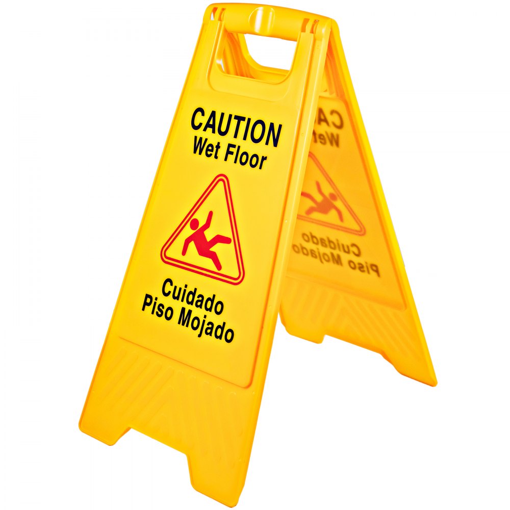 VEVOR Paquete de 16 letreros de piso mojado, letreros de precaución de 25 pulgadas, letrero de piso mojado plegable, bilingüe, conos de piso mojado de doble cara, letrero de piso mojado para restaurante, baño, oficina