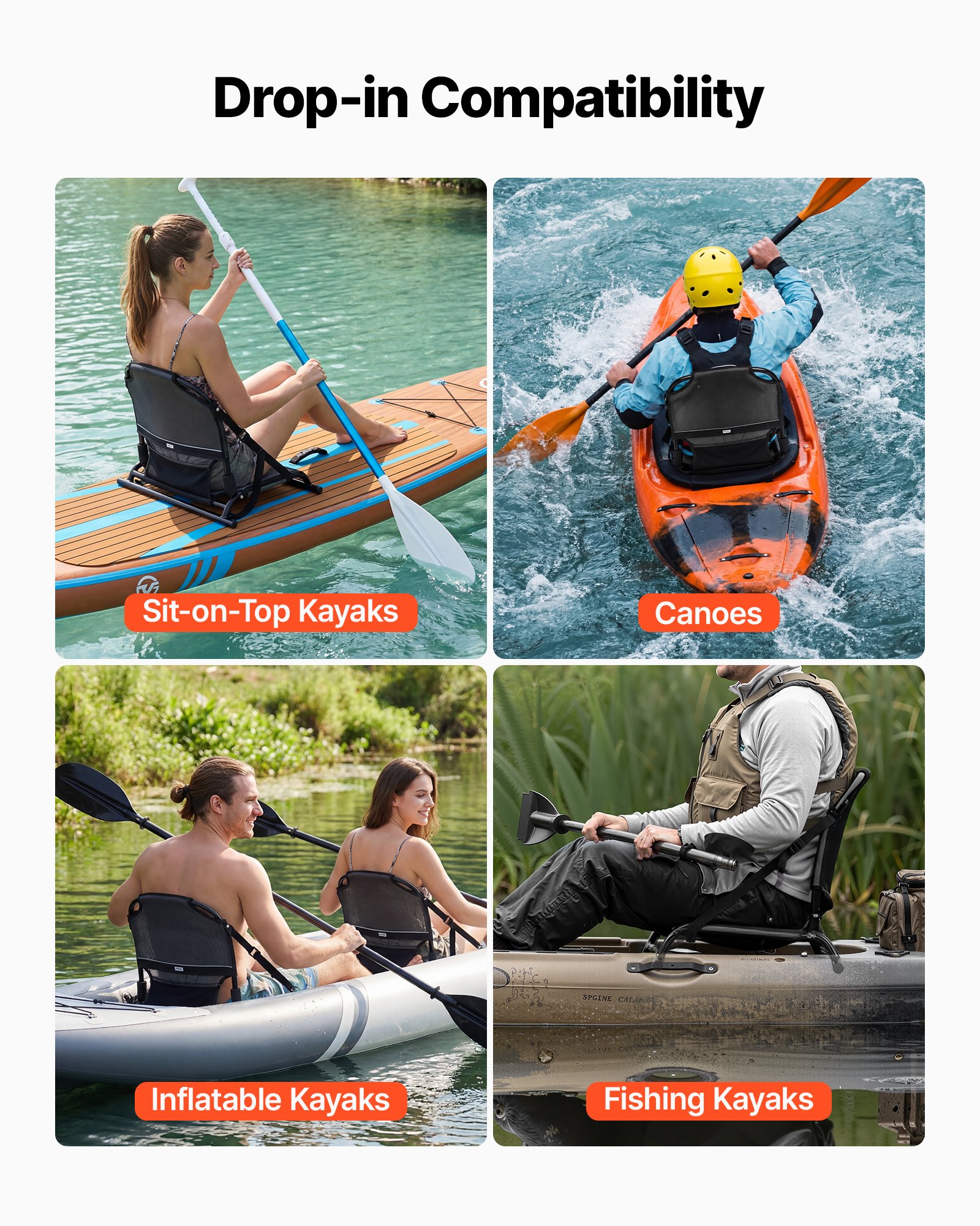 VEVOR Kayak Seat, 1 Pack 34 mm Raised Height, Universal Foldable Canoe Seat with Adjustable Back Support, Adjustable Straps, and Aluminum Alloy Frame for Sit-on-Top/Fishing/Inflatable Kayaks & Canoes