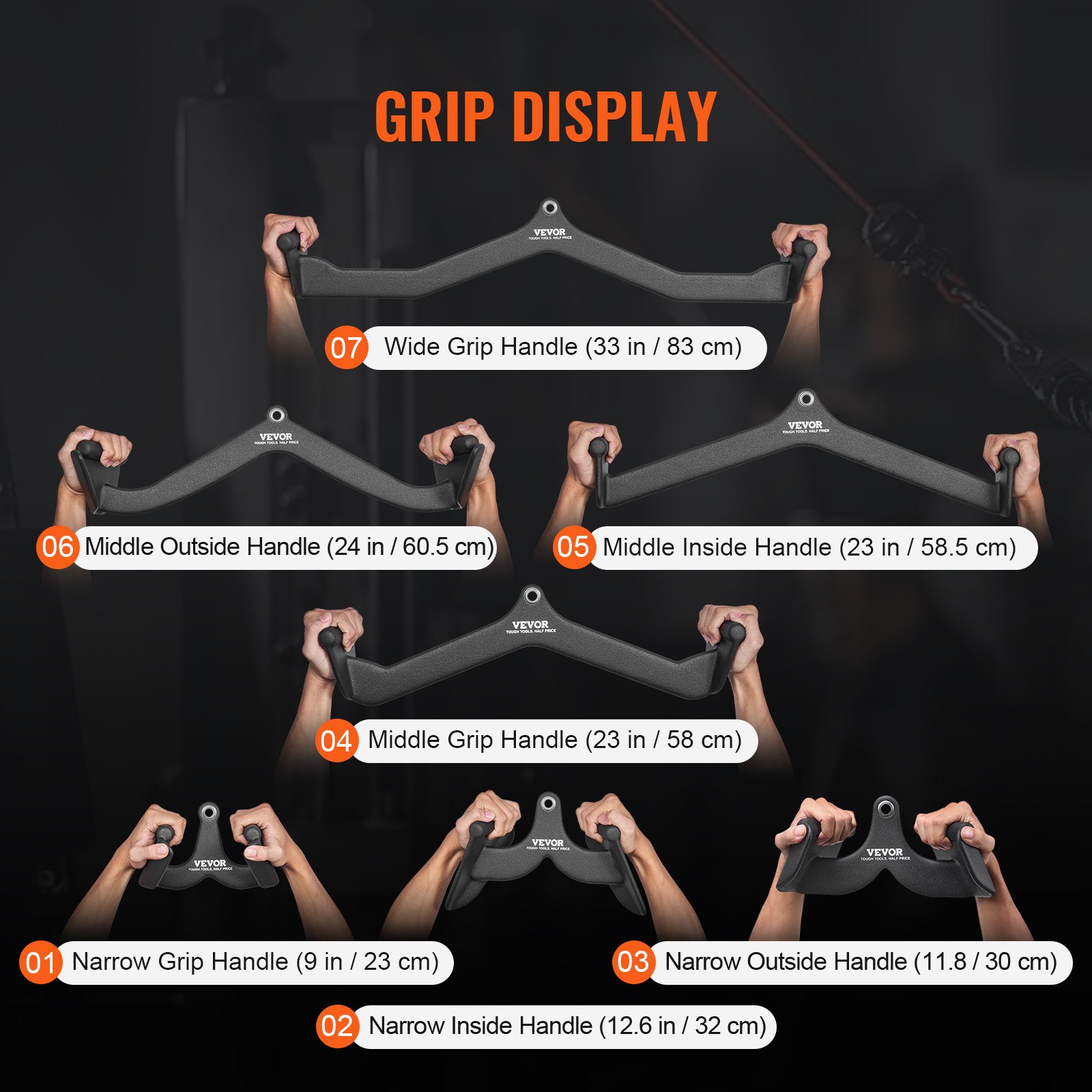 VEVOR LAT Pulldown Attachments, Cable Machine Rowing T-bar V-bar 7 Set, Tricep Pull Down Bar, Back Strength Training Rubber Coated Handle Grip, Bicep Curl Tricep Lat Pulldown Bar for Home Gym Fitness