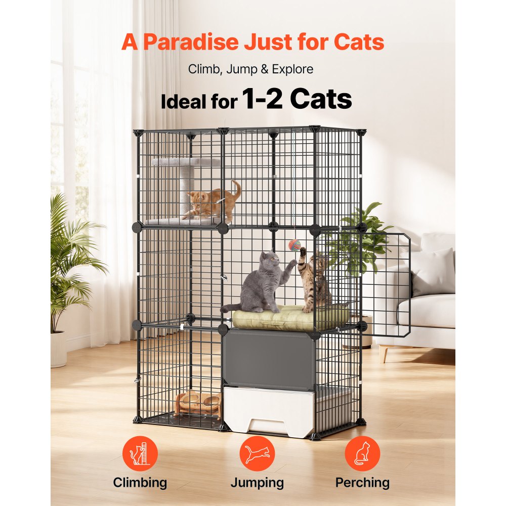 VEVOR Cat Cage 3-Tier 71.1x45.5x104.1 cm DIY Cat Playpen with Litter Box, Indoor Enclosure Detachable Metal Wire Kennel Crate, Large Exercise Place Ideal for 1-2 Cats, Kittens & Small Animals, Black