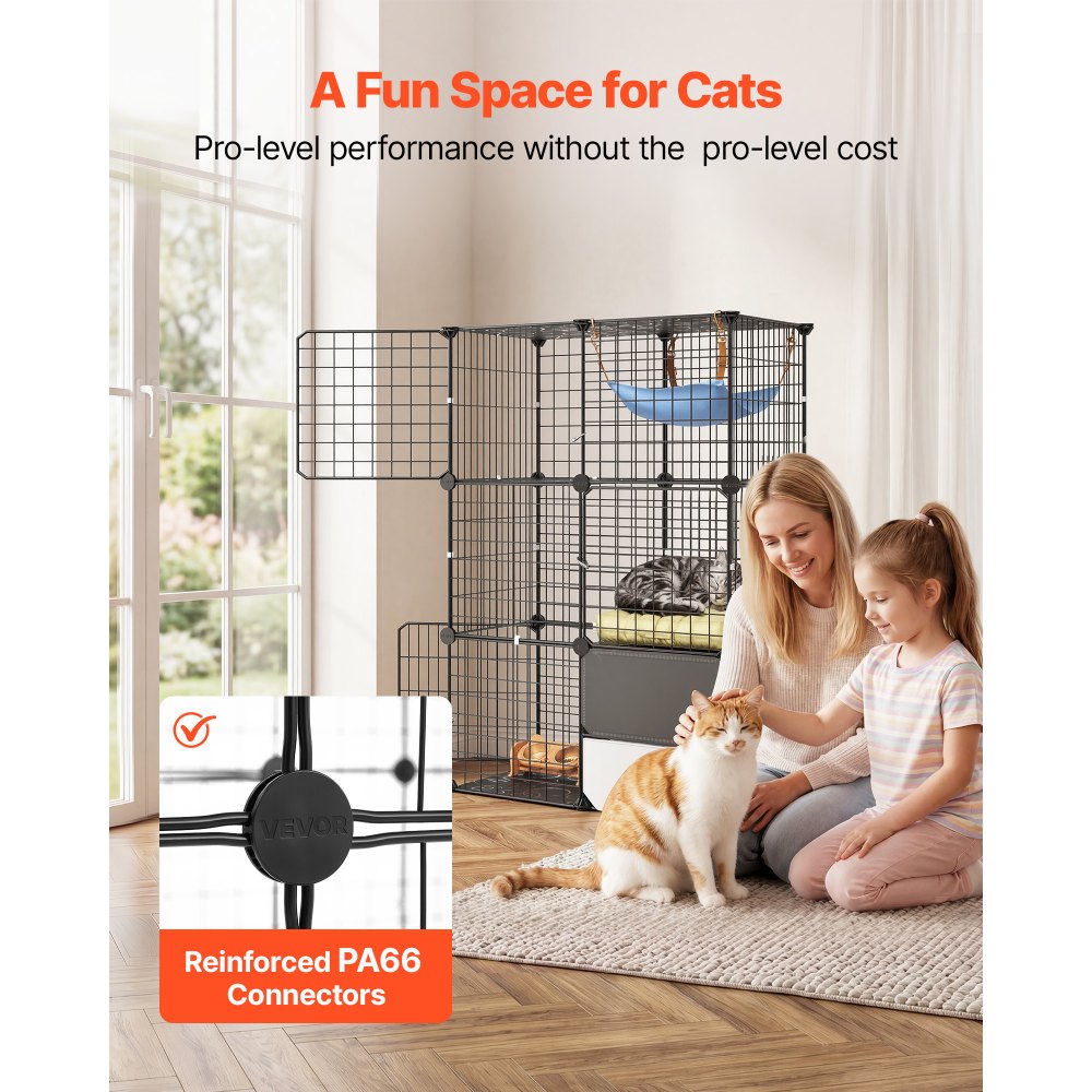 VEVOR Cat Cage 3-Tier 71.1x45.5x104.1 cm DIY Cat Playpen with Litter Box, Indoor Enclosure Detachable Metal Wire Kennel Crate, Large Exercise Place Ideal for 1-2 Cats, Kittens & Small Animals, Black