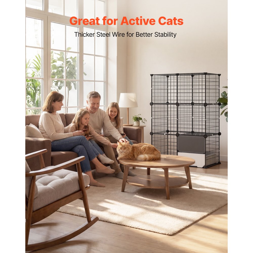 VEVOR Cat Cage 3-Tier 71.1x45.5x104.1 cm DIY Cat Playpen with Litter Box, Indoor Enclosure Detachable Metal Wire Kennel Crate, Large Exercise Place Ideal for 1-2 Cats, Kittens & Small Animals, Black