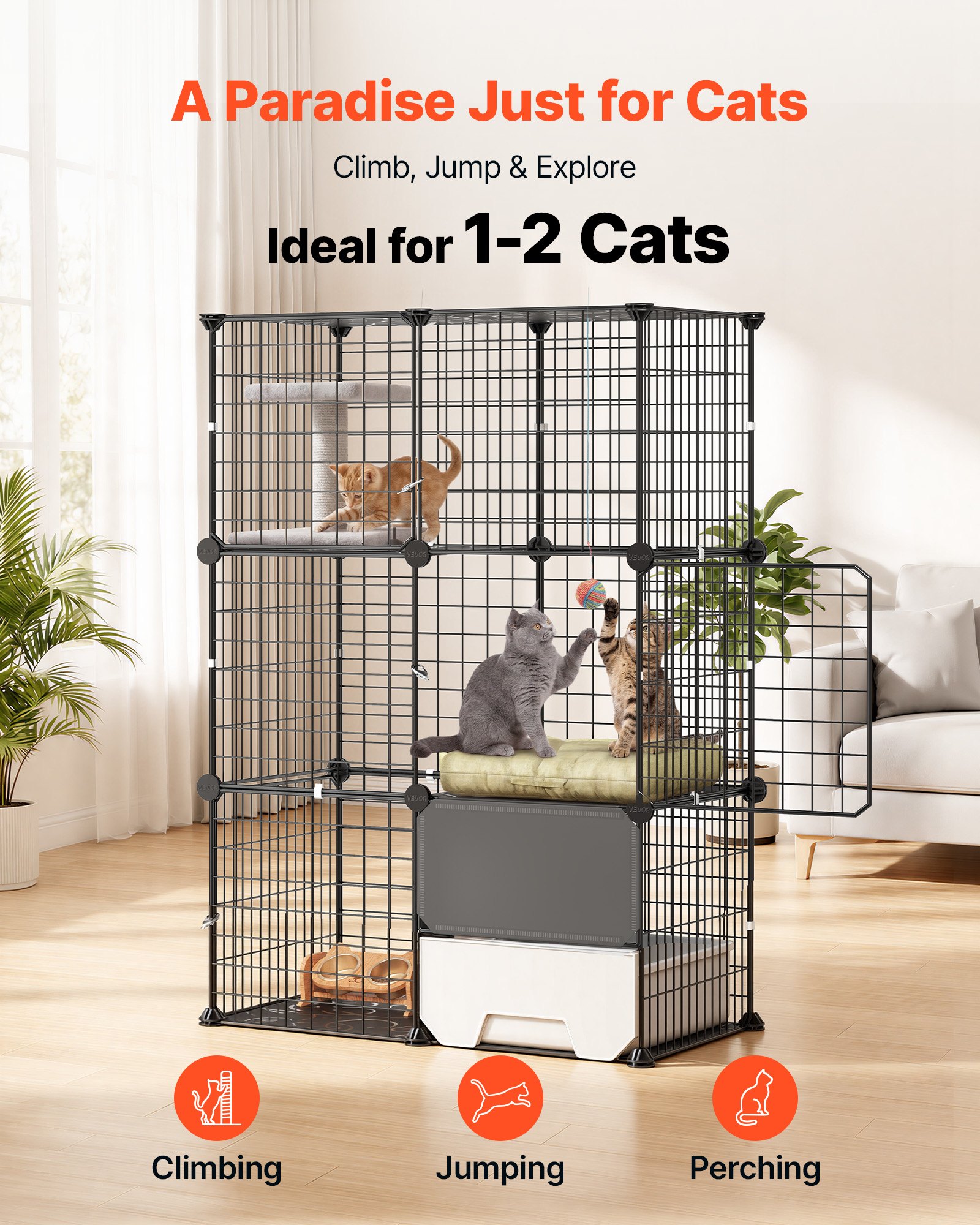 VEVOR Cat Cage 3-Tier 71.1x45.5x104.1 cm DIY Cat Playpen with Litter Box, Indoor Enclosure Detachable Metal Wire Kennel Crate, Large Exercise Place Ideal for 1-2 Cats, Kittens & Small Animals, Black
