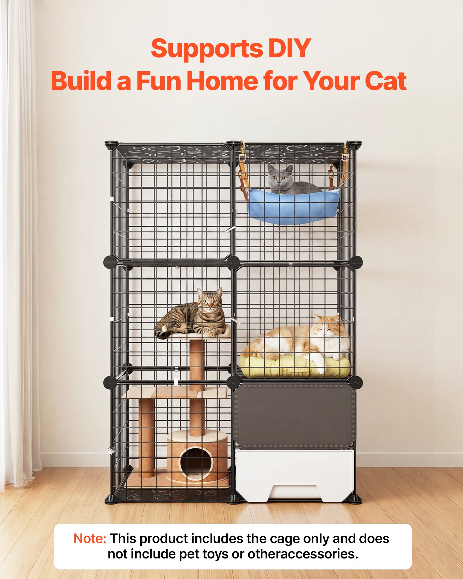 VEVOR Cat Cage 3-Tier 71.1x45.5x104.1 cm DIY Cat Playpen with Litter Box, Indoor Enclosure Detachable Metal Wire Kennel Crate, Large Exercise Place Ideal for 1-2 Cats, Kittens & Small Animals, Black