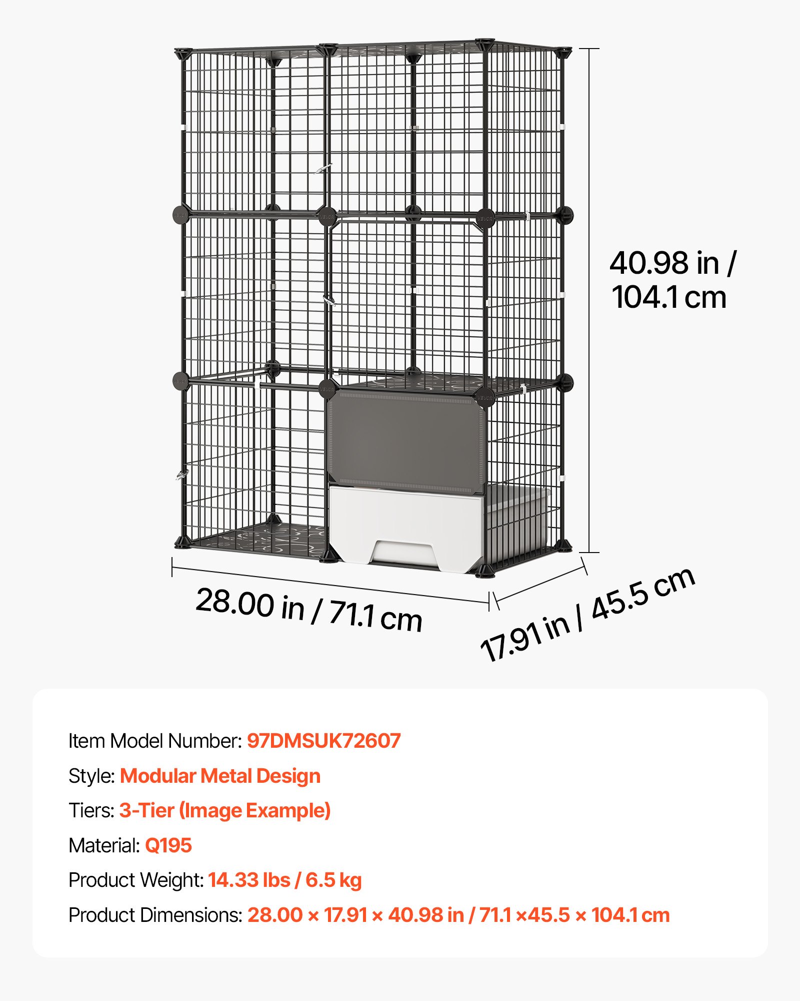 VEVOR Cat Cage 3-Tier 71.1x45.5x104.1 cm DIY Cat Playpen with Litter Box, Indoor Enclosure Detachable Metal Wire Kennel Crate, Large Exercise Place Ideal for 1-2 Cats, Kittens & Small Animals, Black