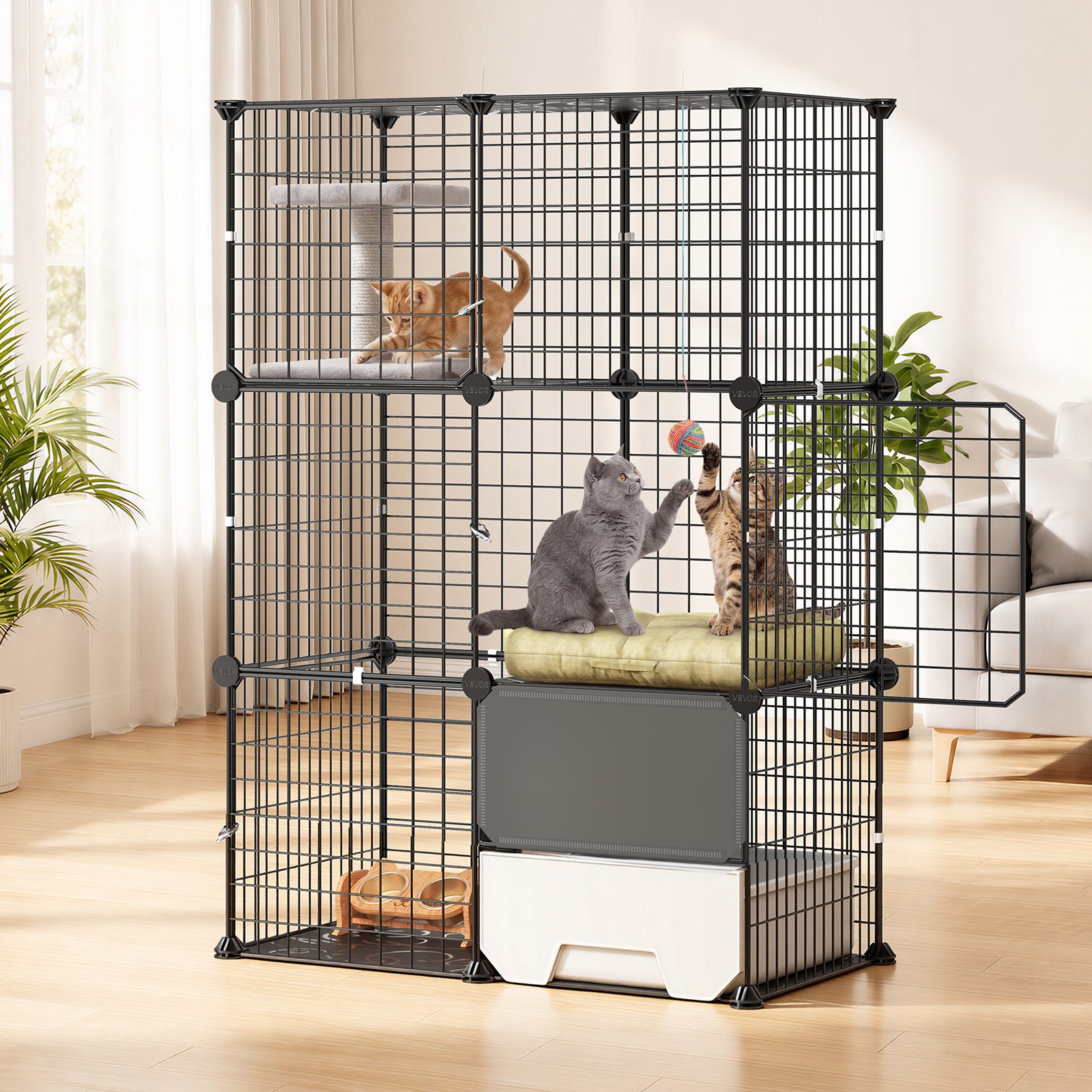 VEVOR Cat Cage 3-Tier 71.1x45.5x104.1 cm DIY Cat Playpen with Litter Box, Indoor Enclosure Detachable Metal Wire Kennel Crate, Large Exercise Place Ideal for 1-2 Cats, Kittens & Small Animals, Black
