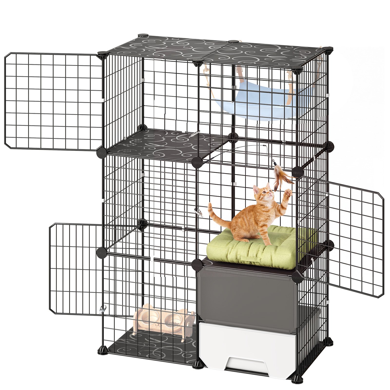 VEVOR Cat Cage 3-Tier 71.1x45.5x104.1 cm DIY Cat Playpen with Litter Box, Indoor Enclosure Detachable Metal Wire Kennel Crate, Large Exercise Place Ideal for 1-2 Cats, Kittens & Small Animals, Black