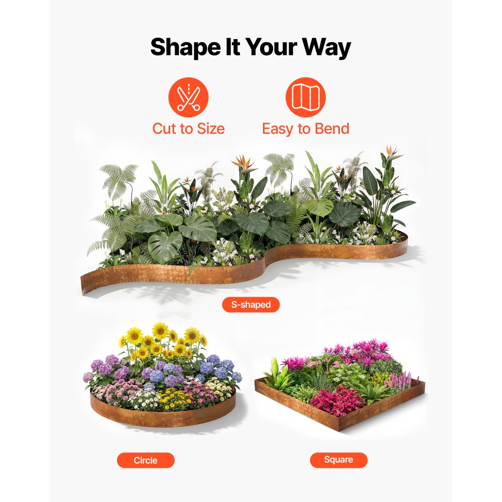 VEVOR Carbon Steel Landscape Edging, 1000 x 14 cm Steel Edging for Landscaping with Gloves, Easy-to-Install Bendable Metal Strips, Metal Garden Edge Border for Flower Bed, Yard Pathway, Rust
