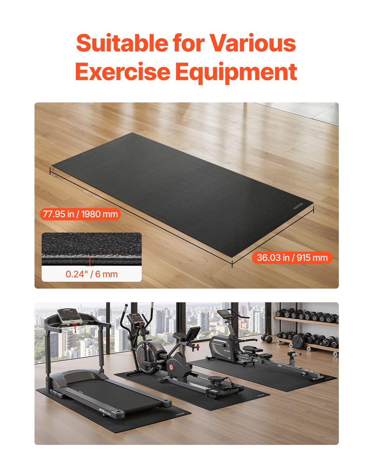 VEVOR Treadmill Mat for Carpet Floor, 6 mm Thick, 915x1980 mm Exercise Equipment Mat for Treadmills, Elliptical, Rowing Machine, High Density PVC Floor Protector, Waterproof and Non-slip for Home Gym