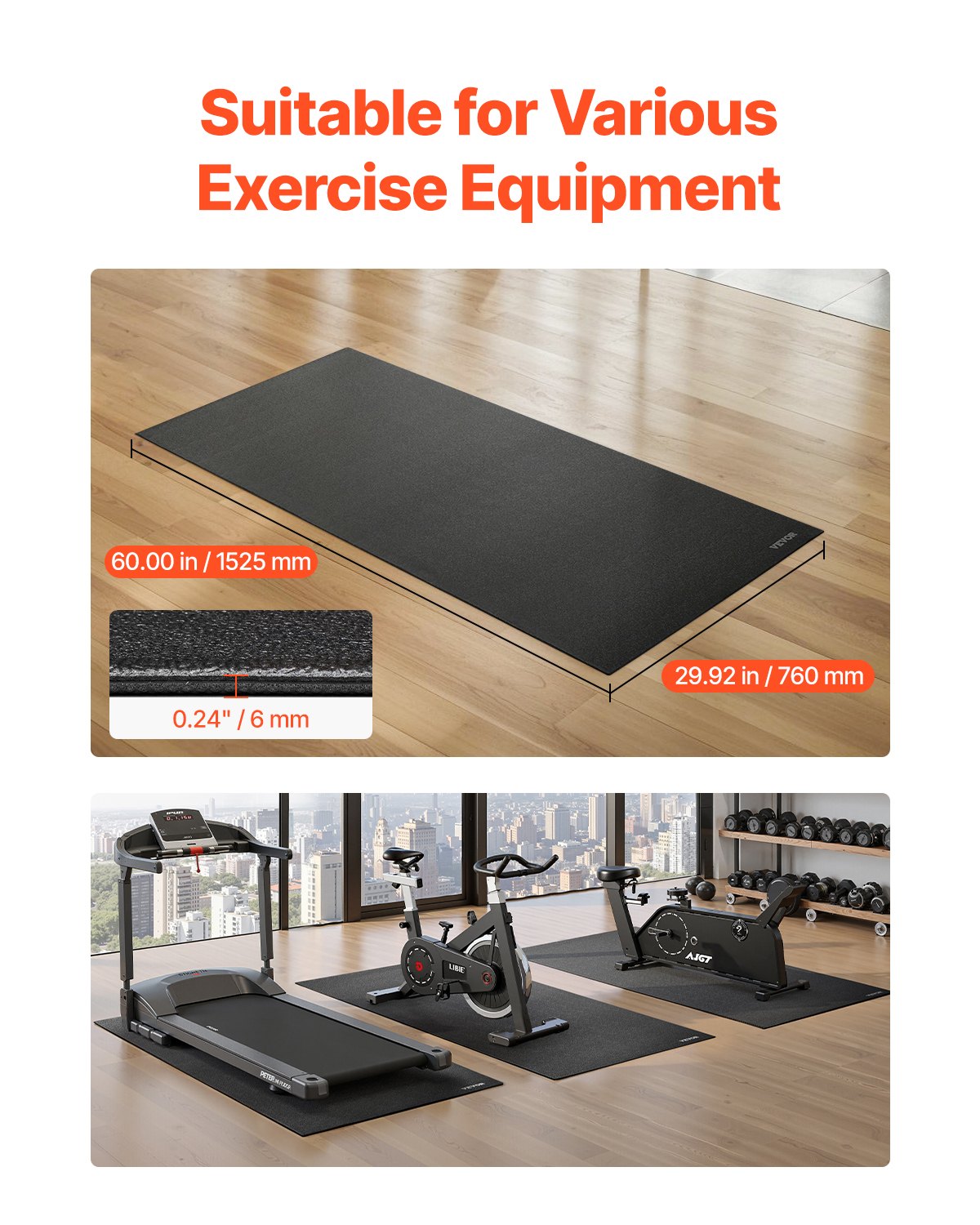 VEVOR Treadmill Mat for Carpet Floor, 6 mm Thick, 760x1525 mm Exercise Equipment Mat for Treadmills, Stationary, Recumbent Bikes, High Density PVC Floor Protector, Waterproof and Non-slip for Home Gym