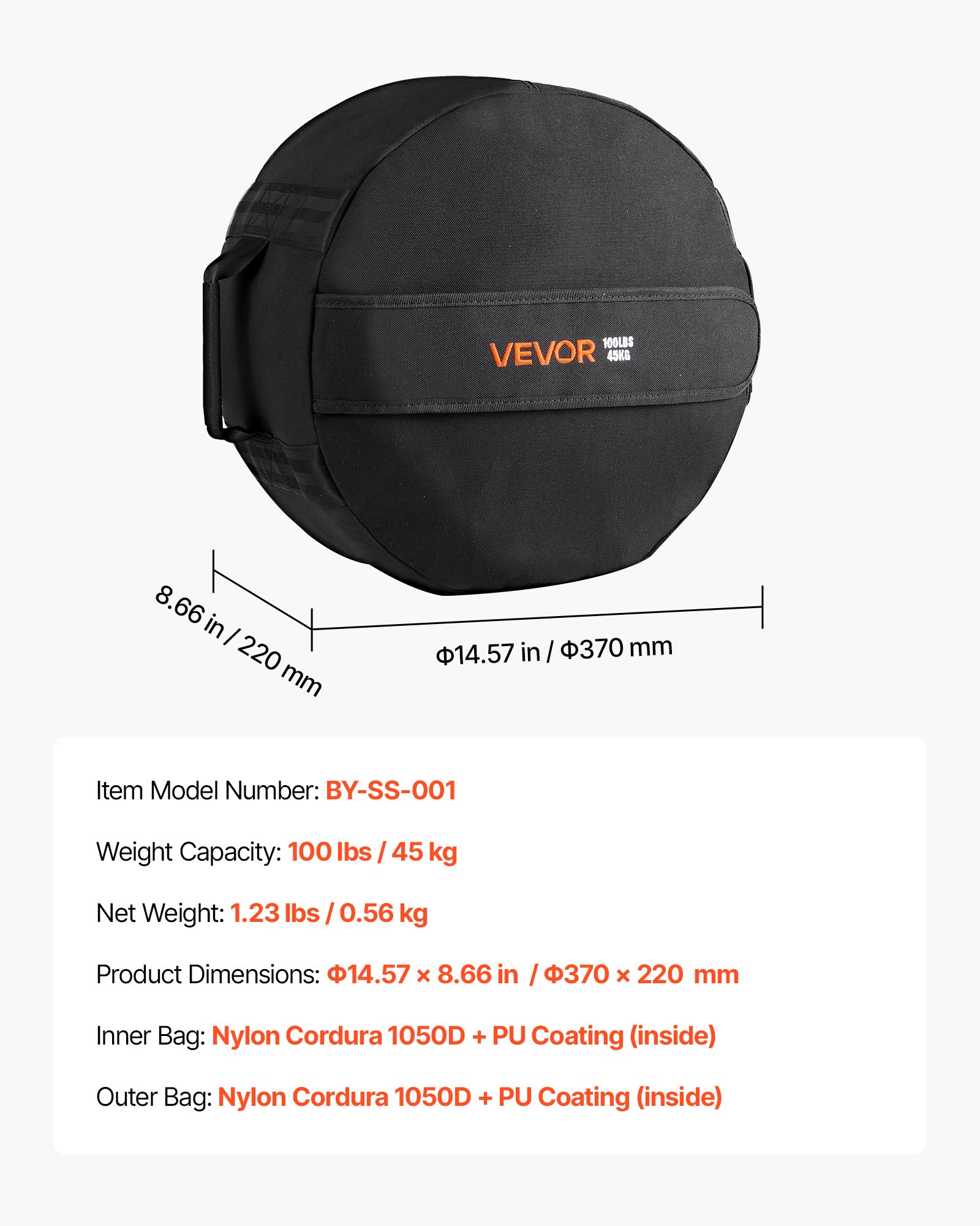 VEVOR Workout Sandbag, Heavy Duty Workout Power Bags with Handles, 100 lbs/45 kg Slam Bag for Fitness Strength Weight Training Cross-Training, Home Gym Exercise, Black (Unfilled)