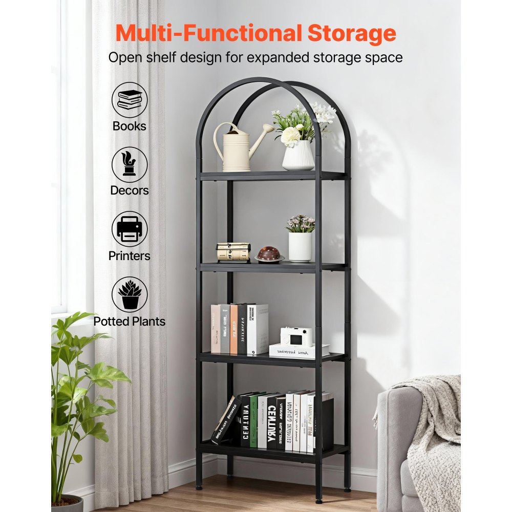 VEVOR Open Bookshelf, 4-Tier, Arched Bookcase Storage Shelves with Metal Frame, Industrial Metal Book Organizer, Freestanding Display Rack Tall Shelving Unit, for Office, Bedroom, Living Room, Black