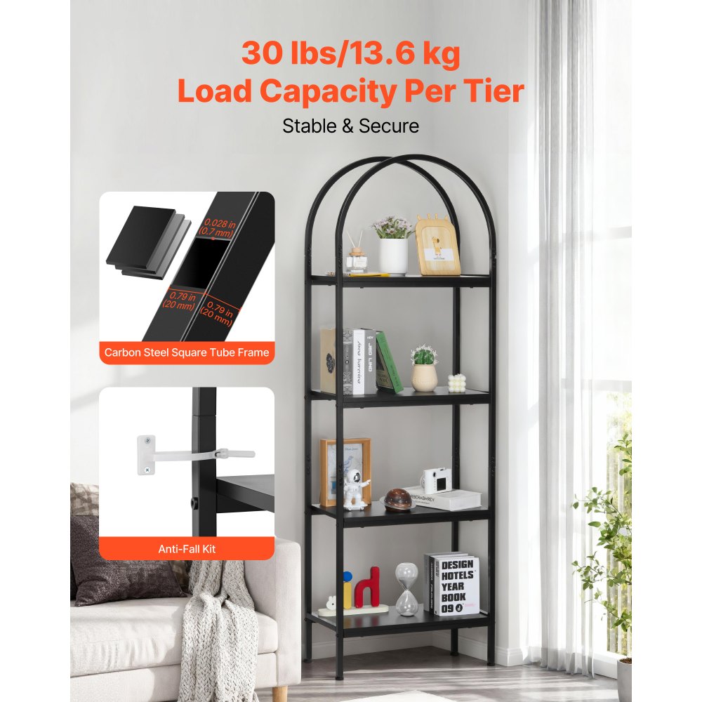 VEVOR Open Bookshelf, 4-Tier, Arched Bookcase Storage Shelves with Metal Frame, Industrial Metal Book Organizer, Freestanding Display Rack Tall Shelving Unit, for Office, Bedroom, Living Room, Black