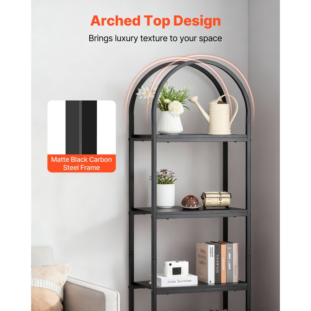 VEVOR Open Bookshelf, 4-Tier, Arched Bookcase Storage Shelves with Metal Frame, Industrial Metal Book Organizer, Freestanding Display Rack Tall Shelving Unit, for Office, Bedroom, Living Room, Black