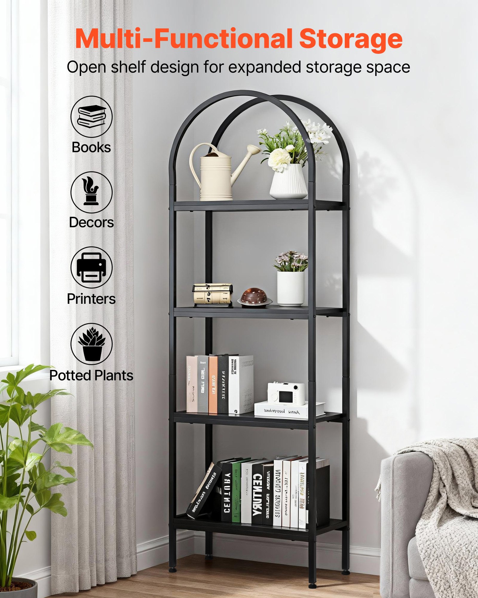 VEVOR Open Bookshelf, 4-Tier, Arched Bookcase Storage Shelves with Metal Frame, Industrial Metal Book Organizer, Freestanding Display Rack Tall Shelving Unit, for Office, Bedroom, Living Room, Black