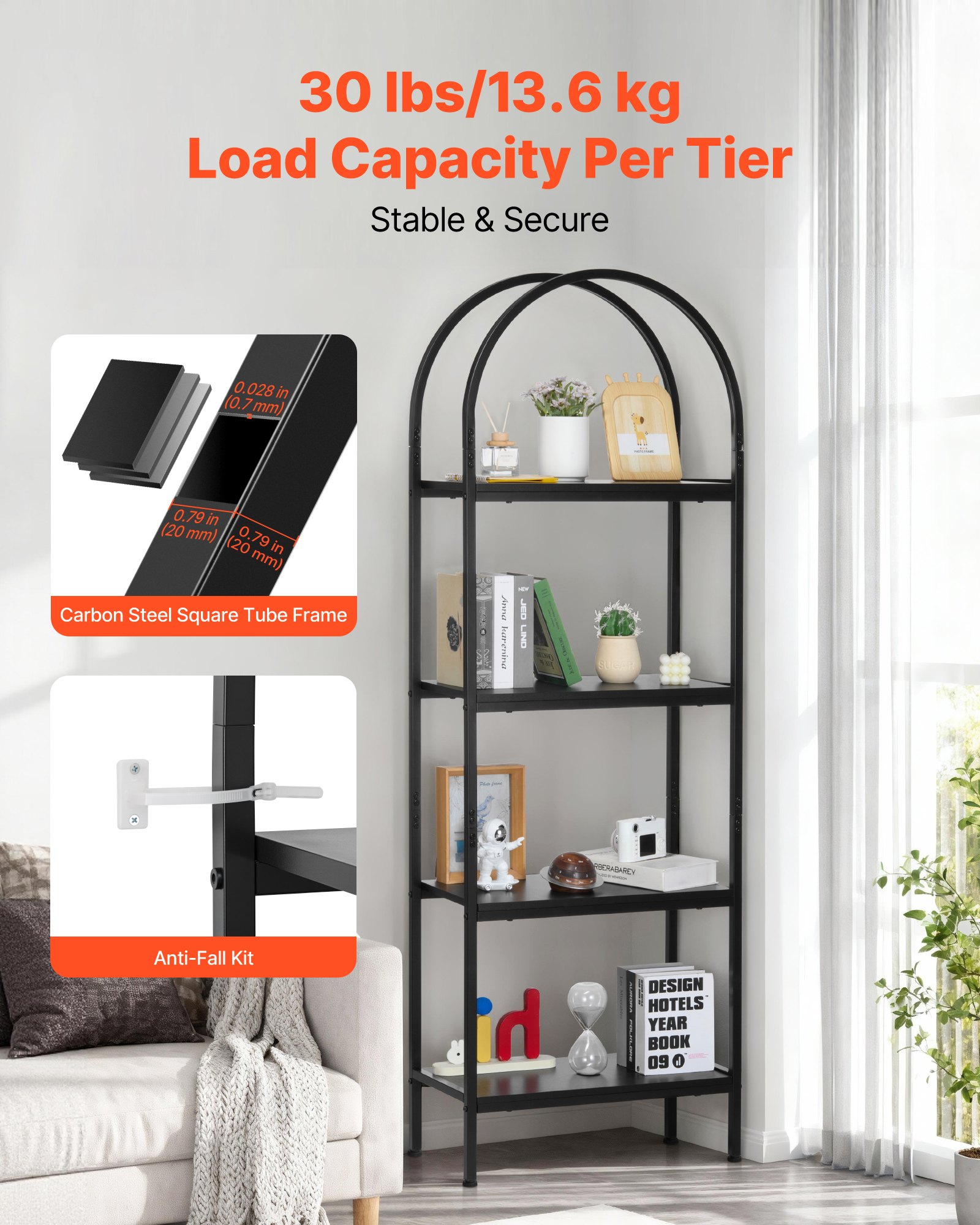 VEVOR Open Bookshelf, 4-Tier, Arched Bookcase Storage Shelves with Metal Frame, Industrial Metal Book Organizer, Freestanding Display Rack Tall Shelving Unit, for Office, Bedroom, Living Room, Black
