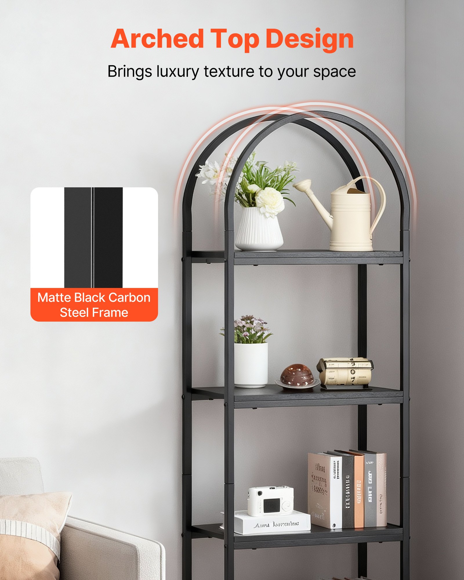 VEVOR Open Bookshelf, 4-Tier, Arched Bookcase Storage Shelves with Metal Frame, Industrial Metal Book Organizer, Freestanding Display Rack Tall Shelving Unit, for Office, Bedroom, Living Room, Black