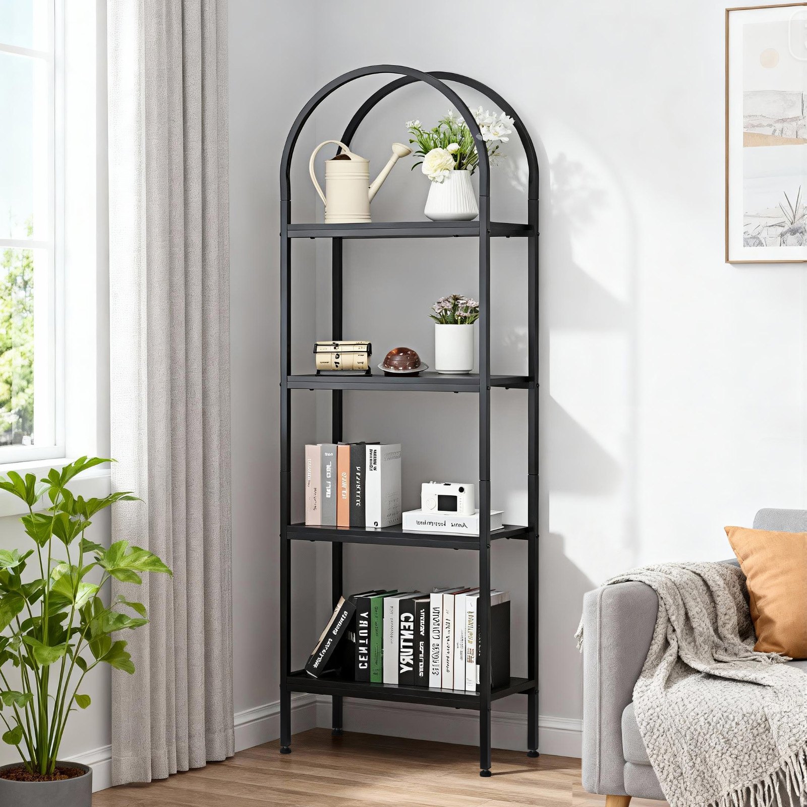 VEVOR Open Bookshelf, 4-Tier, Arched Bookcase Storage Shelves with Metal Frame, Industrial Metal Book Organizer, Freestanding Display Rack Tall Shelving Unit, for Office, Bedroom, Living Room, Black