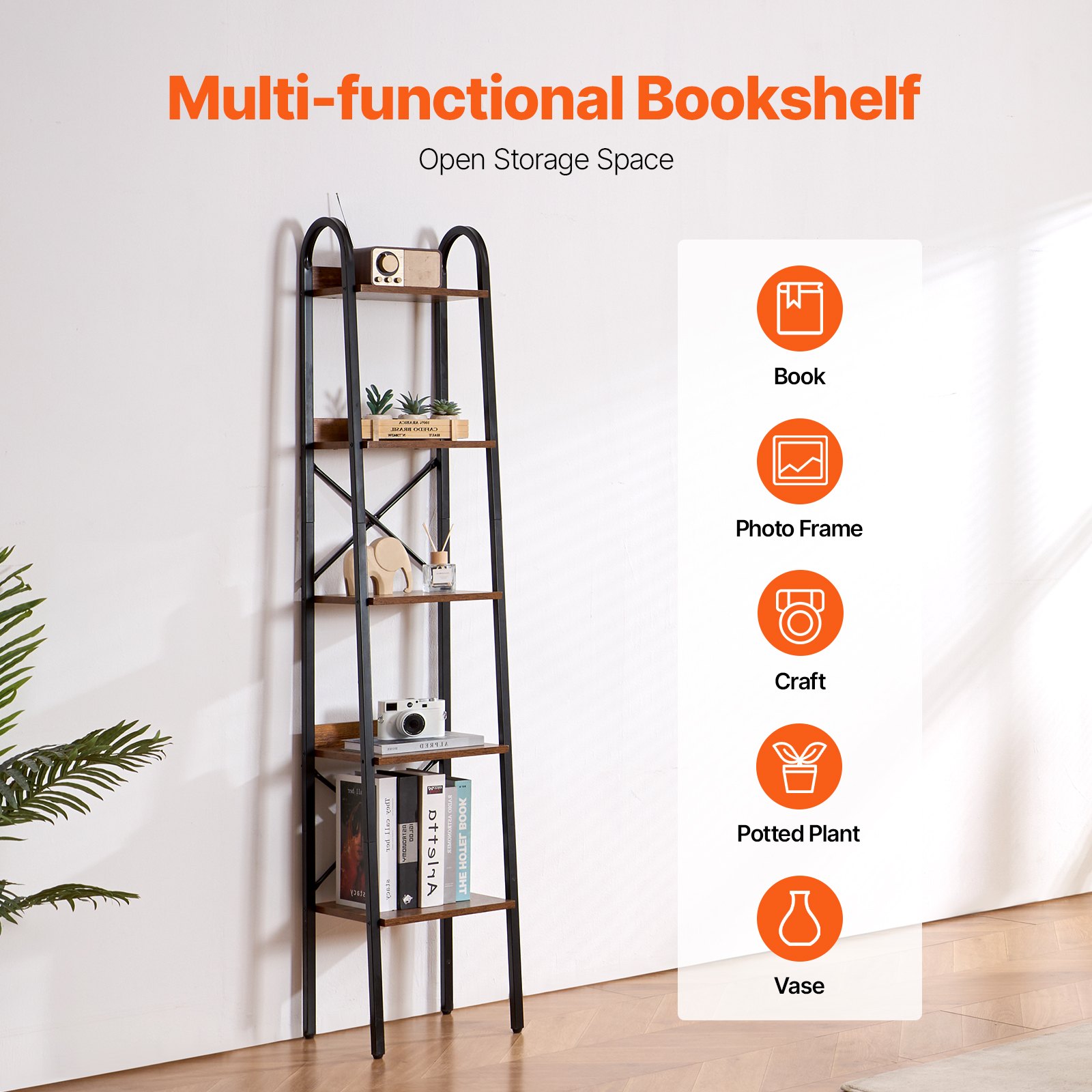 VEVOR Metal Bookshelf, 5-Tier Industrial Bookshelf, Tall Narrow Rustic Vintage Storage Bookcase with Open Shelves, Freestanding Display Shelving Unit Storage Rack, for Living room, Bedroom & Office