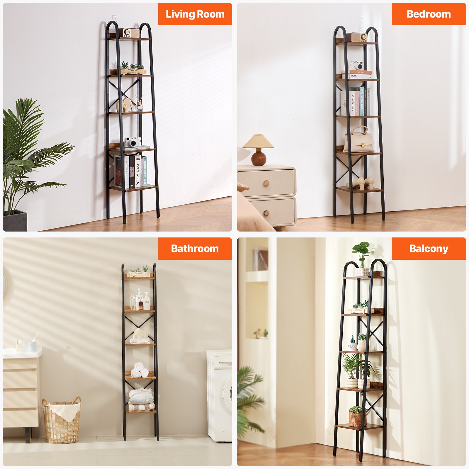 VEVOR Metal Bookshelf, 5-Tier Industrial Bookshelf, Tall Narrow Rustic Vintage Storage Bookcase with Open Shelves, Freestanding Display Shelving Unit Storage Rack, for Living room, Bedroom & Office