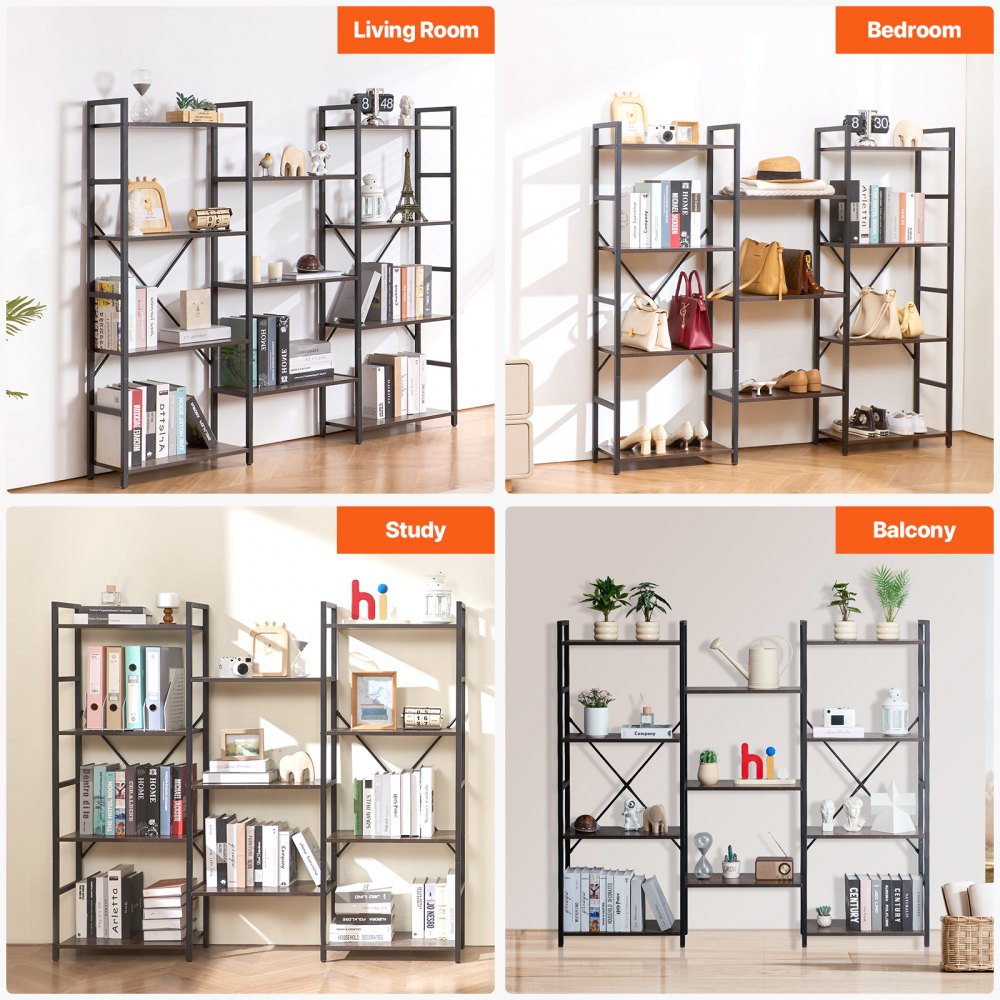 VEVOR Triple Metal Bookshelf, 11-Tier Industrial Bookshelf, Large Rustic Vintage Storage Bookcase with Open Shelves, Freestanding Display Shelving Unit Storage Rack, for Living room, Bedroom & Office