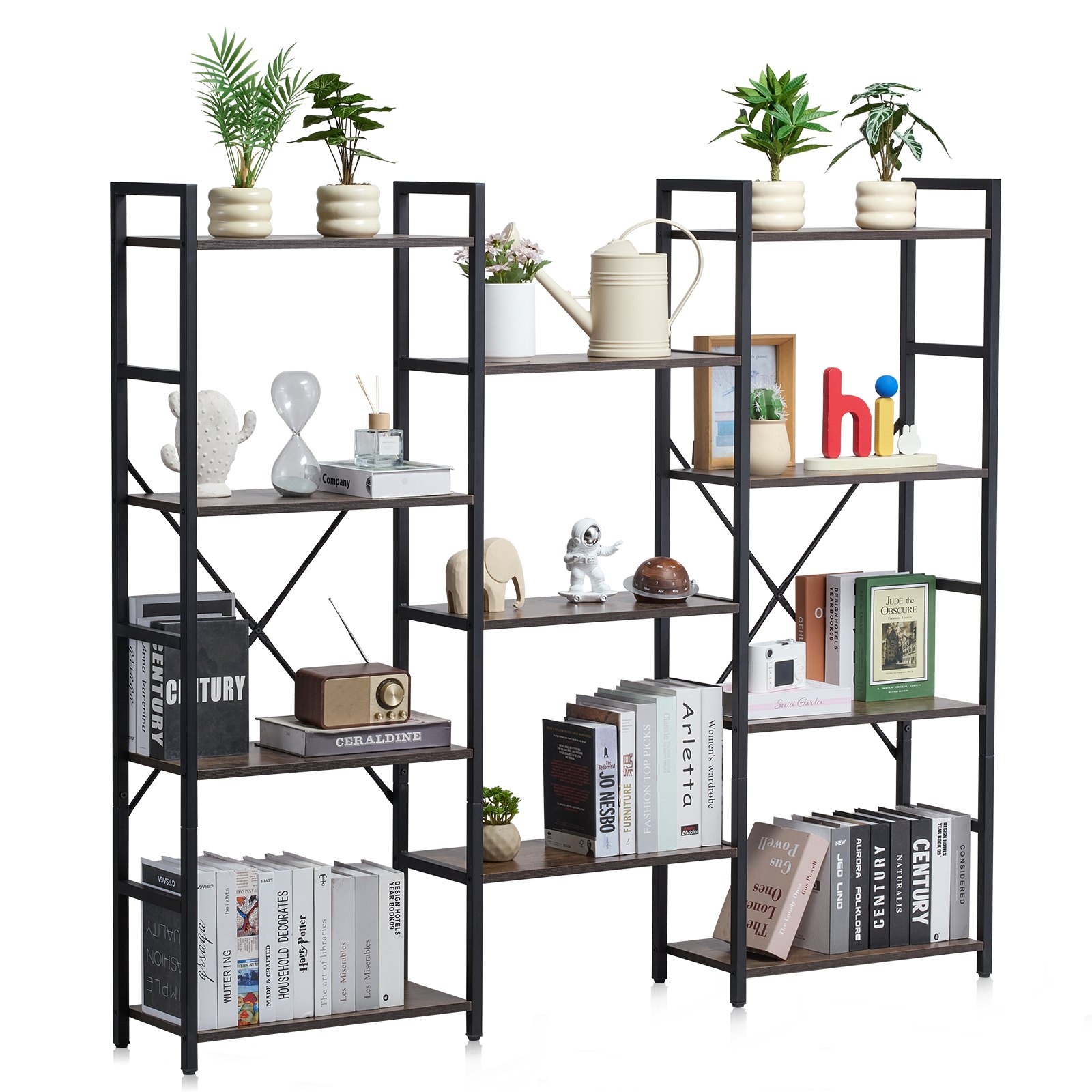 VEVOR Triple Metal Bookshelf, 11-Tier Industrial Bookshelf, Large Rustic Vintage Storage Bookcase with Open Shelves, Freestanding Display Shelving Unit Storage Rack, for Living room, Bedroom & Office