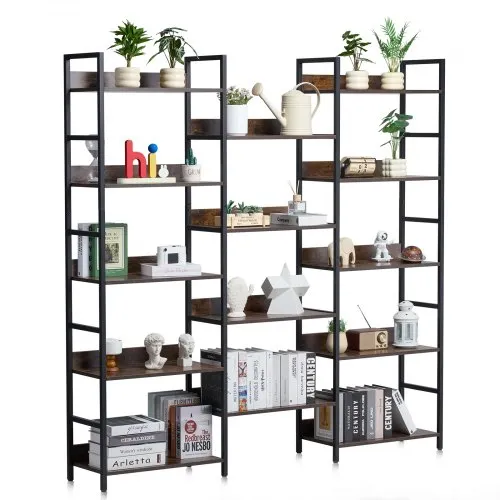 VEVOR Triple Metal Bookshelf, 14-Tier Industrial Bookshelf, Large Rustic Vintage Storage Bookcase with Open Shelves, Freestanding Display Shelving Unit Storage Rack, for Living room, Bedroom & Office