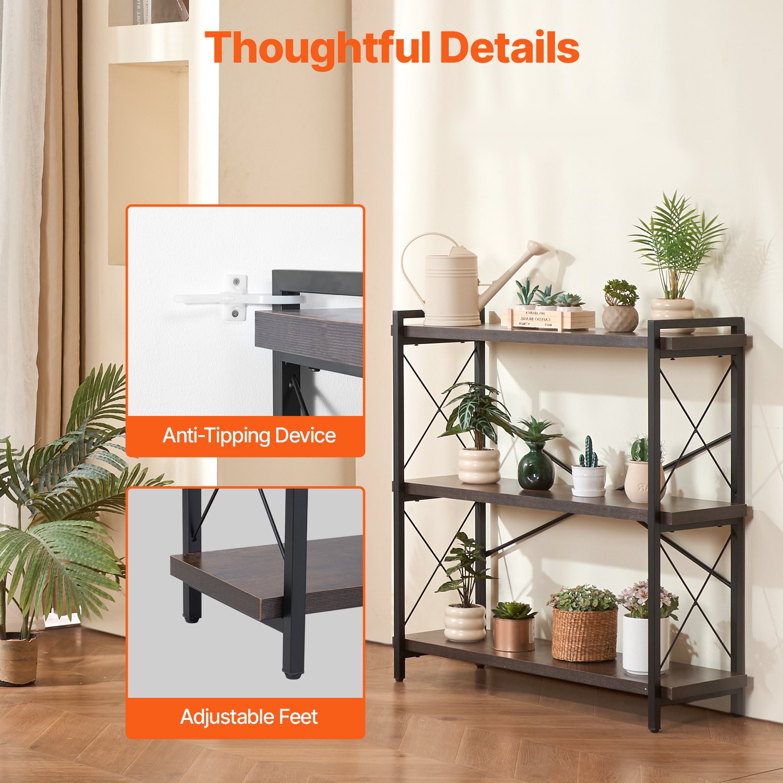 VEVOR Metal Bookshelf, 3-Tier Industrial Bookshelf, Small Rustic Storage Display Bookcase with Open Shelves, Freestanding Display Vintage Shelving Unit Storage Rack, for Living room, Bedroom & Office