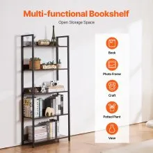 VEVOR Metal Bookshelf, 5-Tier Tall Industrial Bookshelf, Rustic Display Vintage Storage Bookcase with Open Shelves, Freestanding Display Shelving Unit Storage Rack, for Living Room, Bedroom & Office