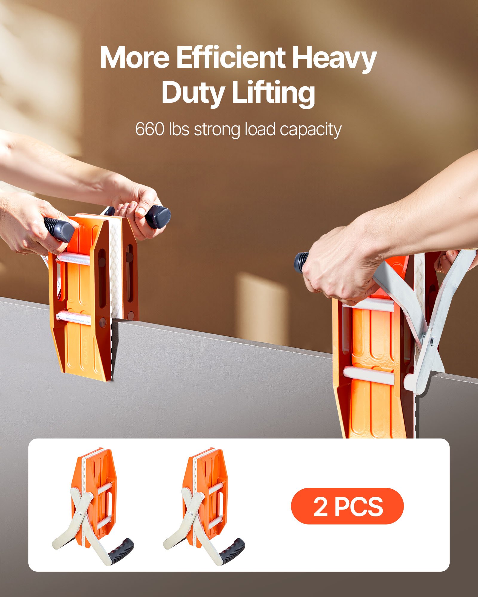 VEVOR Double Handed Stone Carrying Clamps, 299 kg Load Capacity, 2 Pack Granite Panel Carriers Lifting Tools with Rubber-lined (0-60 mm), Heavy Duty lifting Clamps for Plywood, Glass, Granite