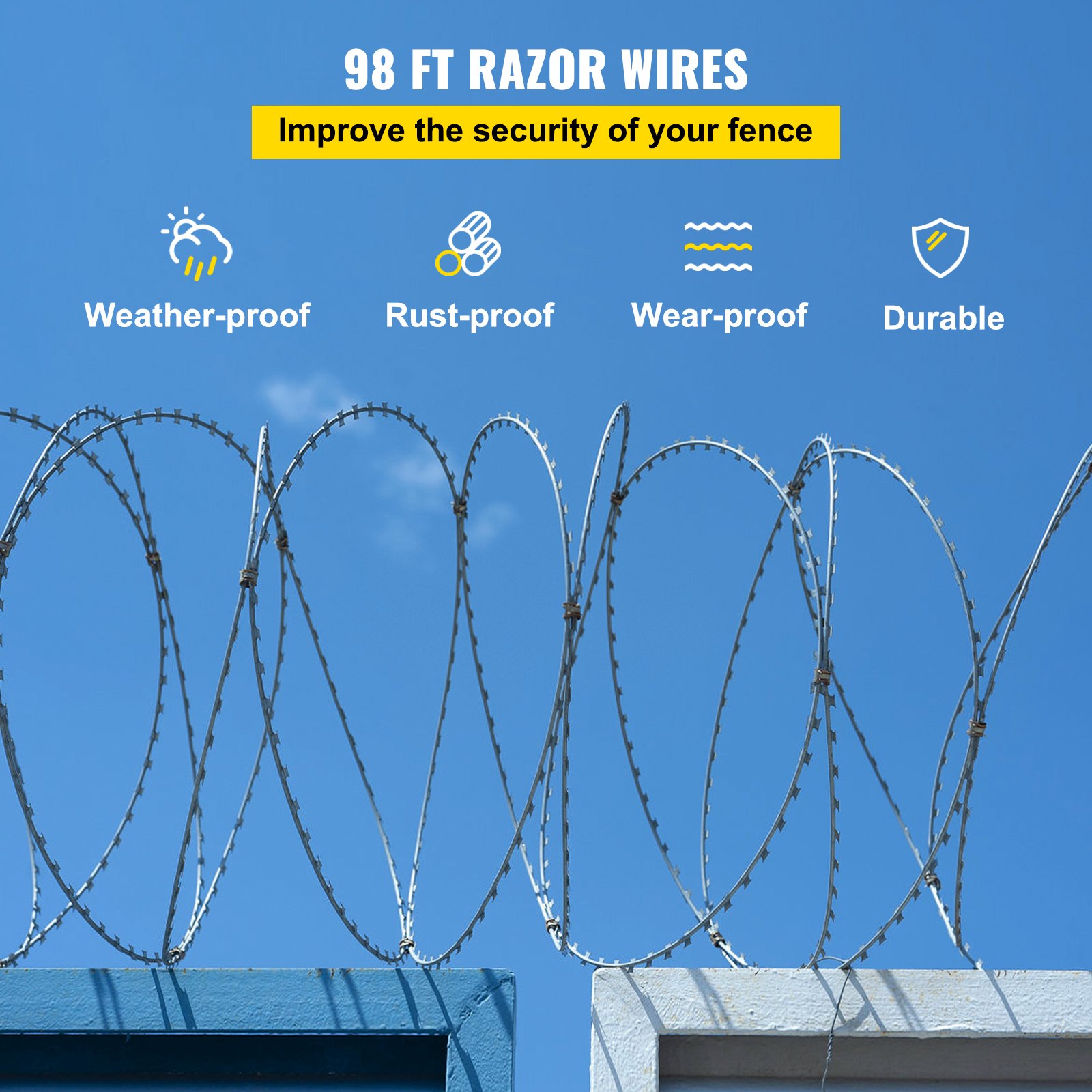 VEVOR Razor Wires, 98ft Razor Barbed Wire 2 Coils, 49 ft Per Roll Razor Wire Fencing Razor Fence, Razor Ribbon Barbed Wire Galvanized Steel Razor Wire Fence, Rolls Razor Useful Protection for Garden