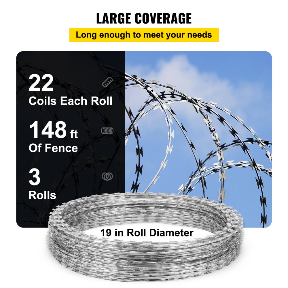VEVOR Razor Wires Razor Barbed Wire 148ft 3 Coils Razor Wire Fencing Razor Fence