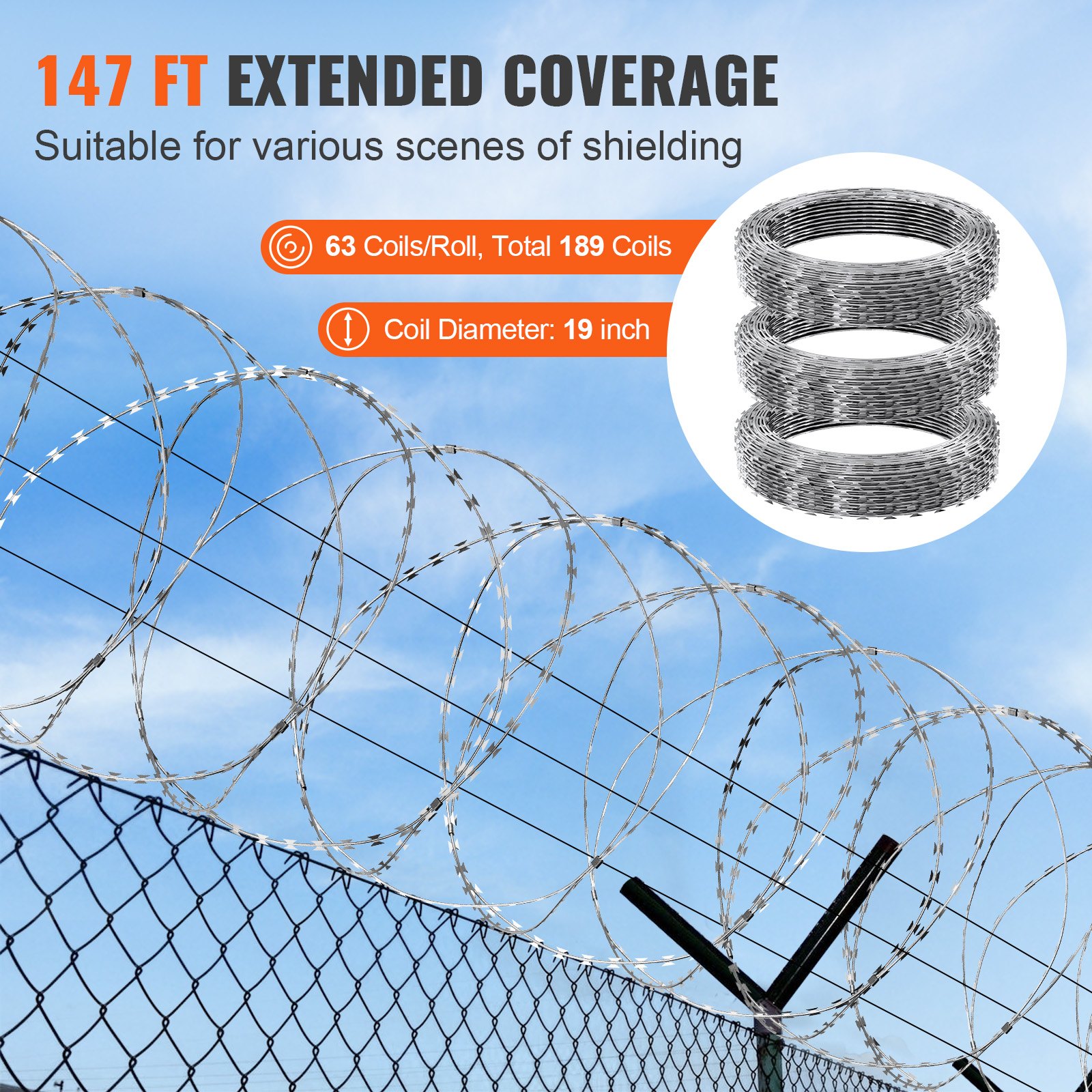 VEVOR Razor Wires, 147 ft Razor Barbed Wire, 3 Rolls Razor Wire Fencing Razor Fence, Double Spiral Razor Ribbon Barbed Wire Galvanized Razor Wire Fence, Rolls Razor for Garden