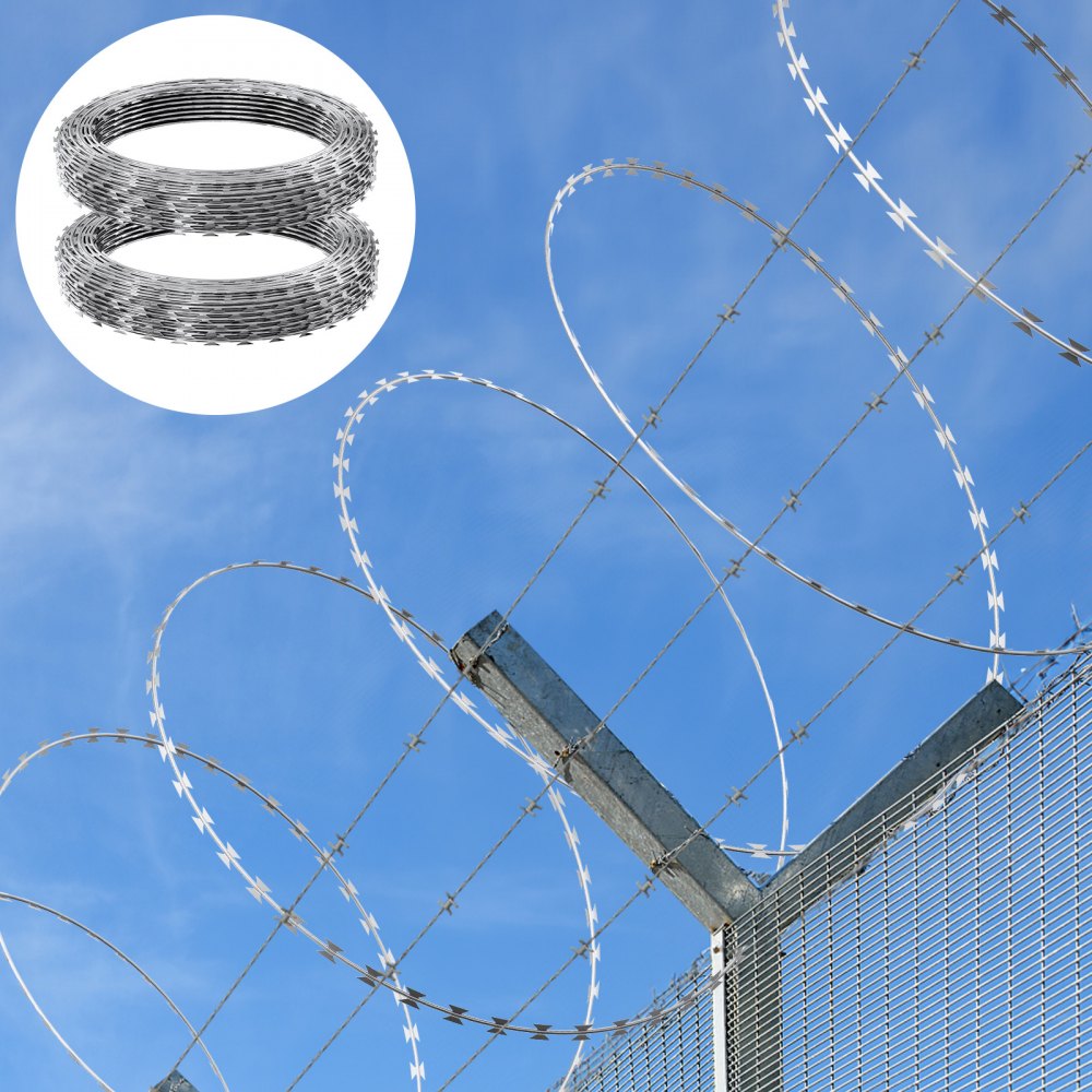 VEVOR Razor Wires, 98 ft Razor Barbed Wire, 2 Rolls Razor Wire Fencing Razor Fence, Razor Ribbon Barbed Wire Galvanized Razor Wire Fence, Rolls Razor for Garden